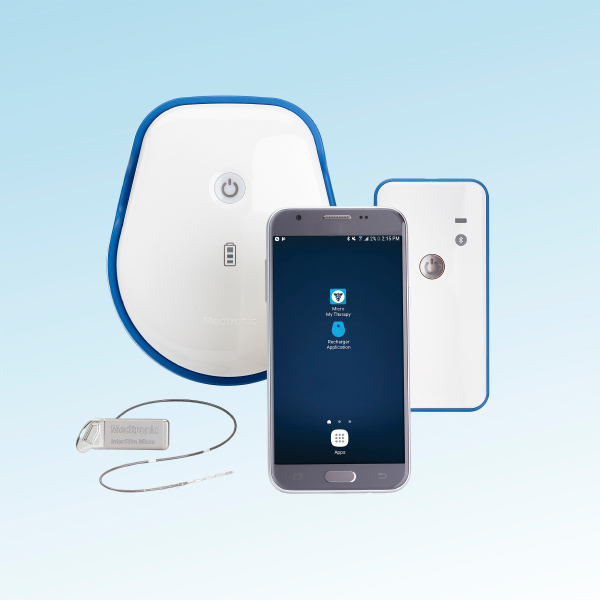 The InterStim Micro system comes with (from left) a neurostimulator, recharger, mobile phone smart programmer app and communicator (not pictured: recharging dock and recharger belt). Photo Credit: Medtronic