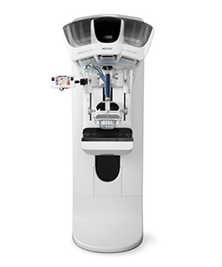 The upright stereotactic breast biopsy guidance system attaches to a 3D mammography machine, allowing physicians to quickly move from diagnosis to intervention.