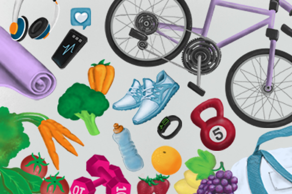 illustrated fruits, vegetables and exercise equipment