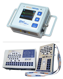 The small at-home device (top) slips on the chest band patients wear. They also wear a sensor on their finger and under their nose. The Sleep Center technology (bottom) provides more comprehensive testing, if needed. Illustration: Neurovirtual