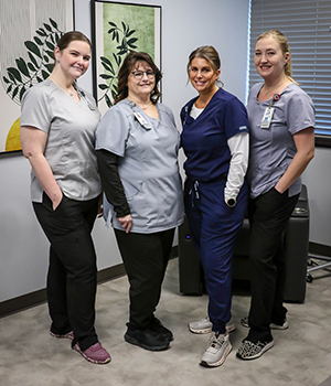 Some of the team includes (from left) Jennifer Gregory, CPhT, Jennifer Vaughan, CPHT, Jennifer Wells, RN, and Heather Wilcox, PharmD.