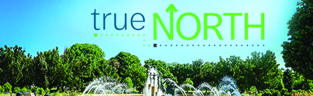 kansas city fountaing with the words true north